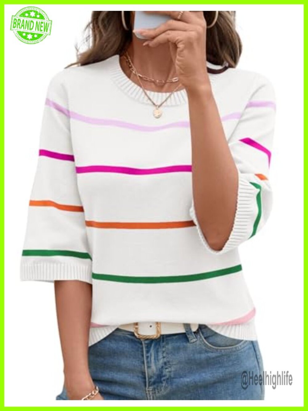 Womens Casual Crew Neck Striped 3/4 Sleeve Lightweight Knit Pullover Sweater
